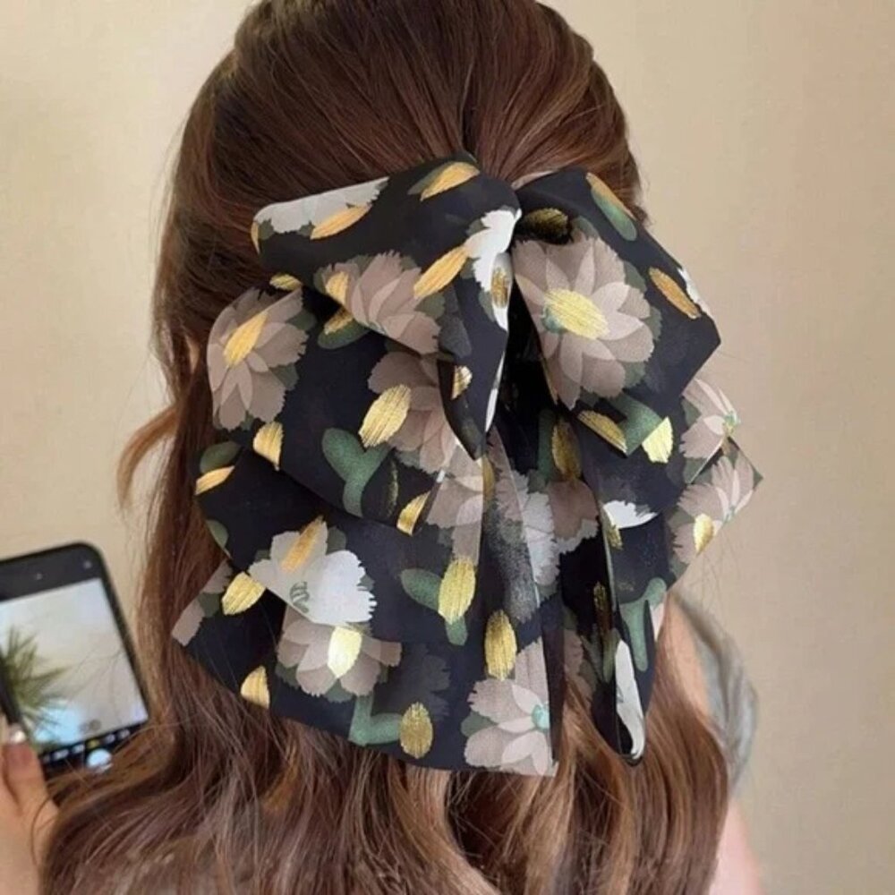Boho Floral Print Layered Large Bow Hair Clip - Picture 3 of 5